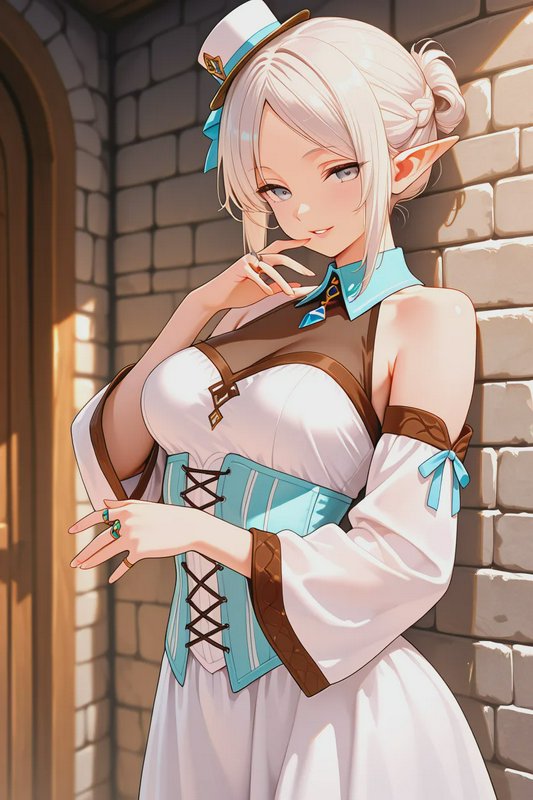 Anime portrait of elegant female elf with pale hair, small top hat, posing against sunlit stone c...