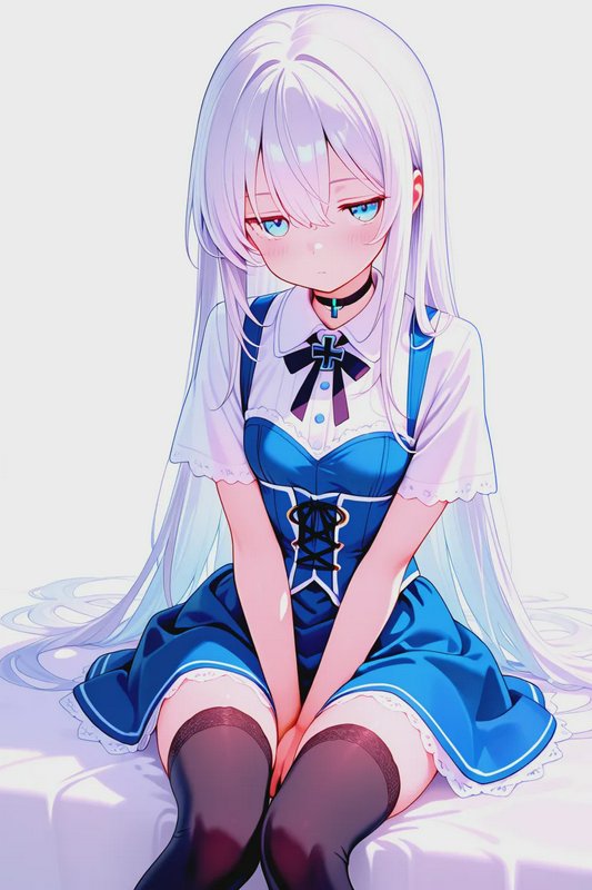 Shy blushing anime girl with long pale silver hair, blue eyes, and blue dress seated on a plain l...