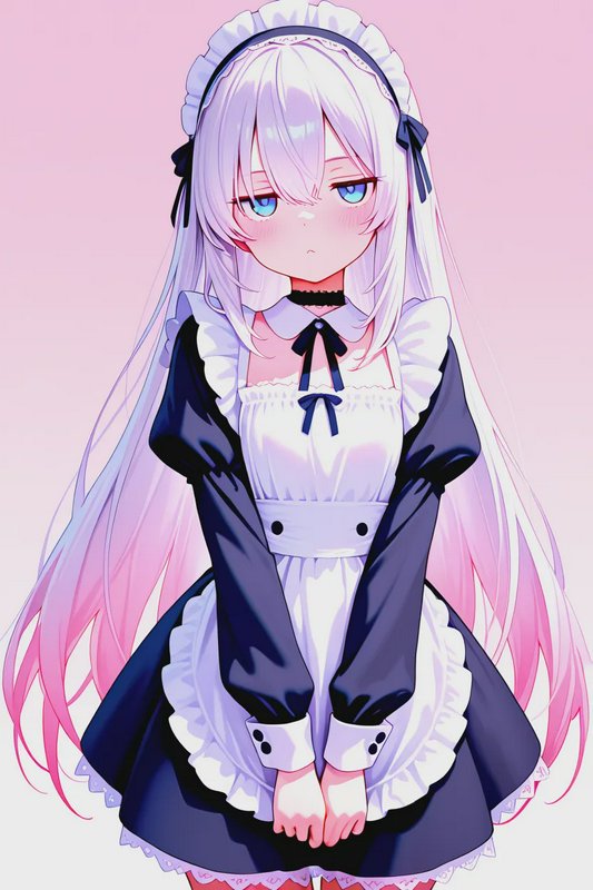 Cute blushing anime maid girl with long gradient pastel hair, bright blue eyes, in a frilled maid...