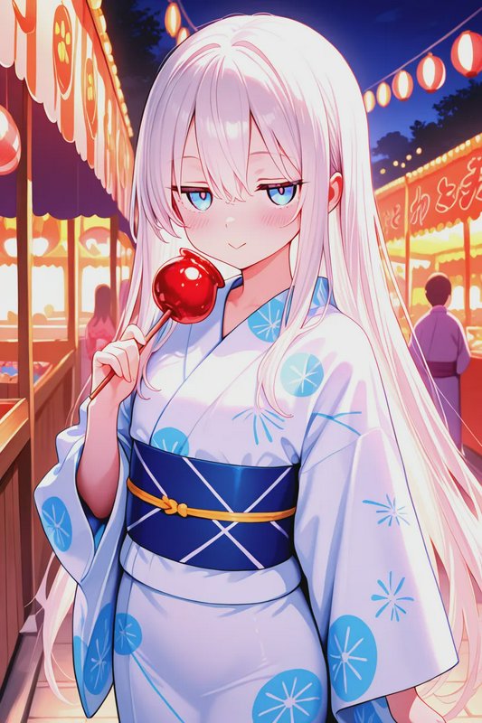 Anime girl with long pale hair in a yukata holds a red candy apple at a glowing night Japanese su...