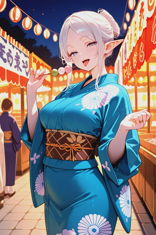 Anime silver-haired elf woman in a blue floral yukata holds dango at a glowing night Japanese sum...