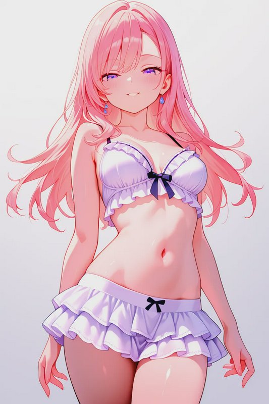 Anime girl with long pastel pink hair winks, wearing a frilly ruffled lavender bikini on a soft p...