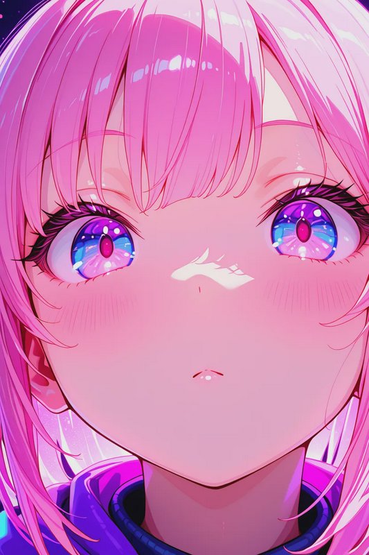 Close-up portrait of an anime girl with glossy pink hair, sparkling gradient purple-blue eyes, an...