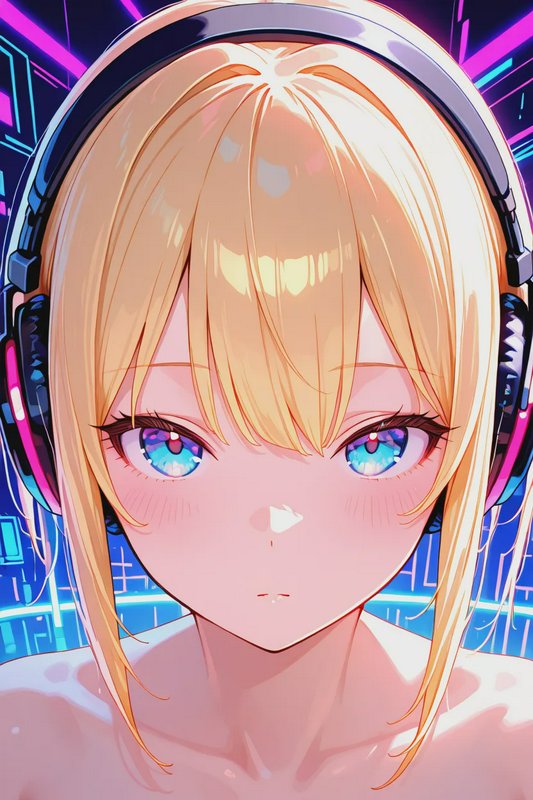 Close-up portrait of blonde anime girl with gaming headphones, bright iridescent blue eyes agains...