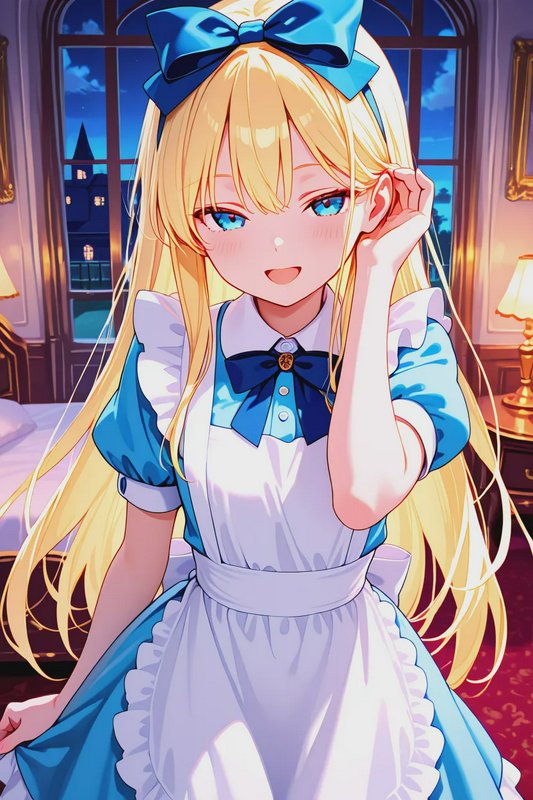 Blonde anime girl in blue frilled maid dress with hair bow, smiling coyly in a nighttime bedroom