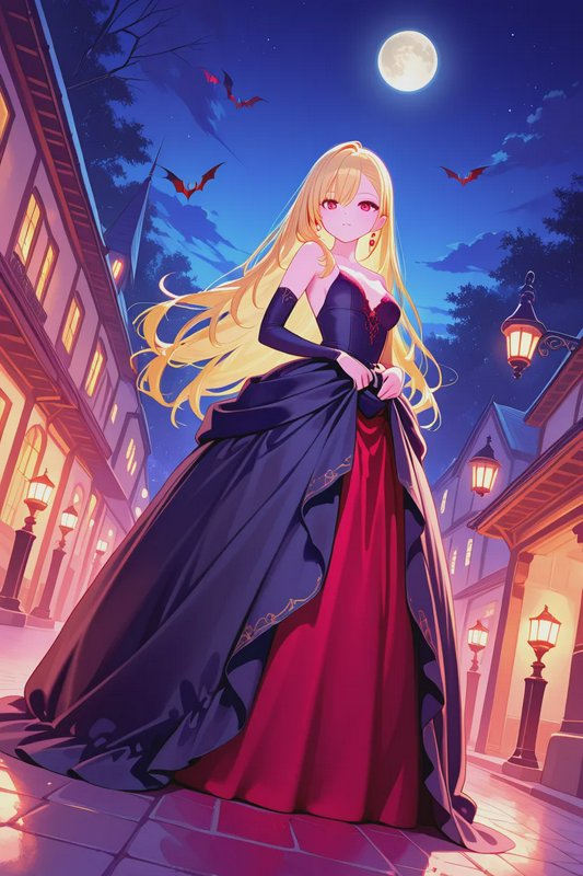 Blonde anime noble woman in an elegant ballgown stands on a moonlit historic town street, with ba...