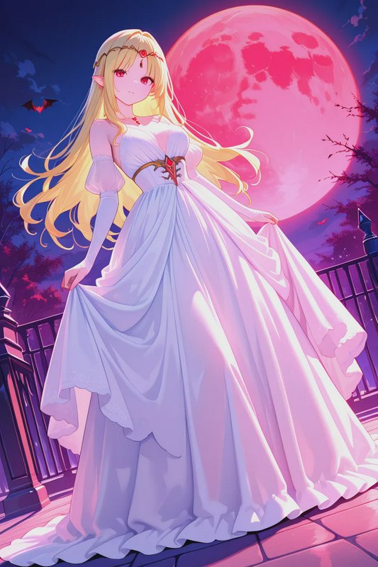 Anime blonde elf princess in a flowing white gown stands gracefully beneath a glowing pink full m...
