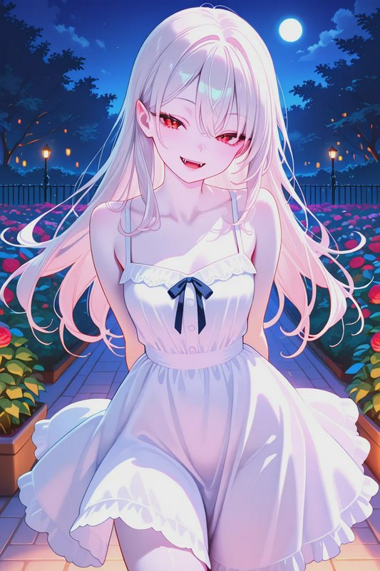 Anime vampire girl with long pale hair, red eyes, and fangs smiles in a moonlit rose garden at night