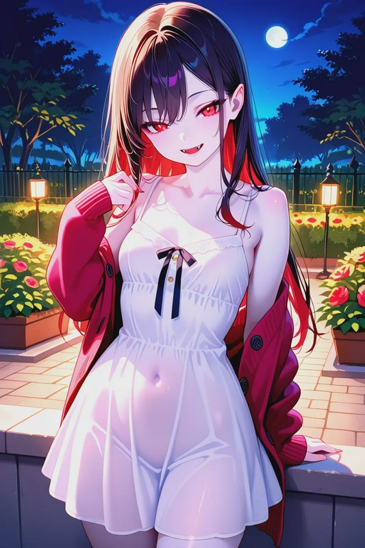 Anime vampire girl with glowing red eyes, standing in a moonlit garden wearing a white slip dress...