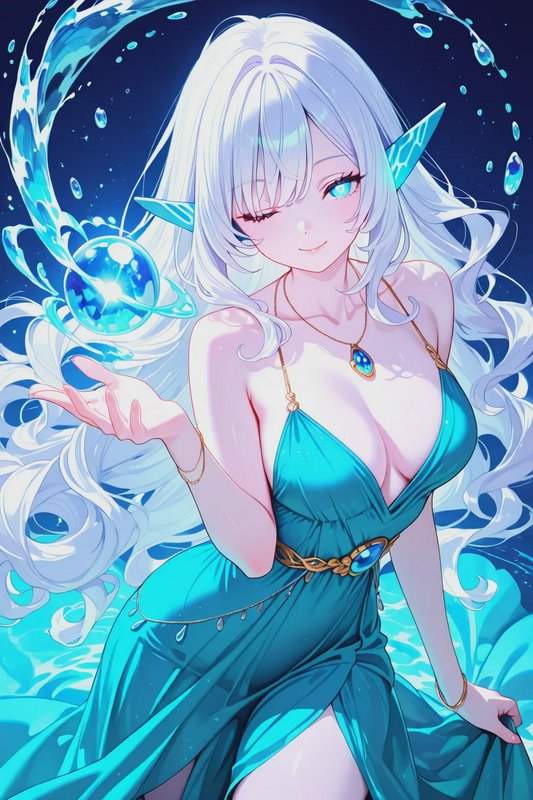 Anime water elf with long platinum hair winks while conjuring a glowing floating water orb, weari...