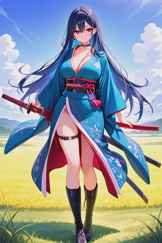 Anime female samurai with long dark blue hair, red eyes, and blue kimono stands in a sunny grass ...