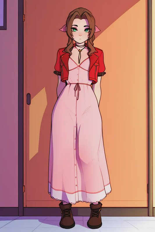 Stylized anime fan art of Aerith Gainsborough standing before a warm-toned interior doorway, hand...