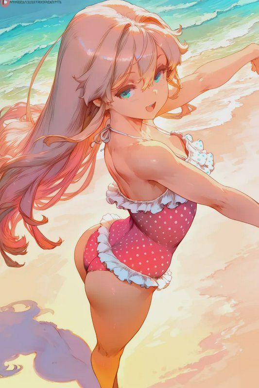 Anime girl with long gradient pink hair poses playfully in a frilled polka dot swimsuit on a sunn...