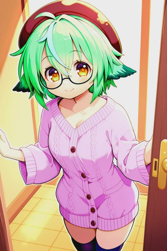 Cute anime girl with short green hair, round glasses, and pink cardigan stands in a home doorway ...