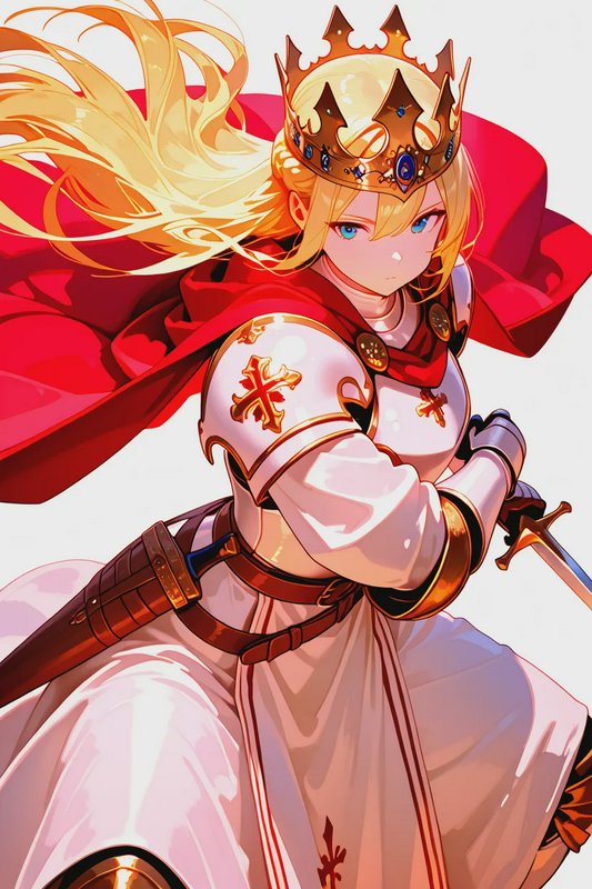 Anime royal female knight with jeweled golden crown, flowing blonde hair, white crusader armor, r...
