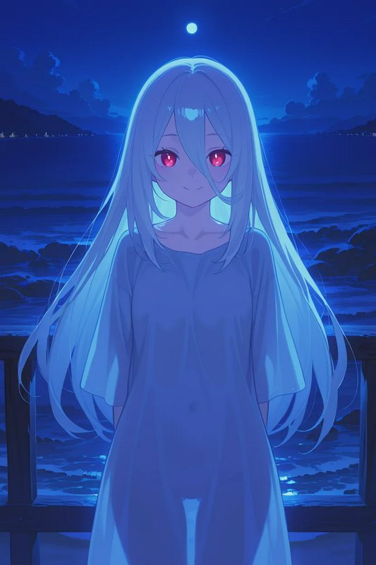 Anime girl with long pale hair and bright red eyes stands on a moonlit seaside pier at deep blue ...