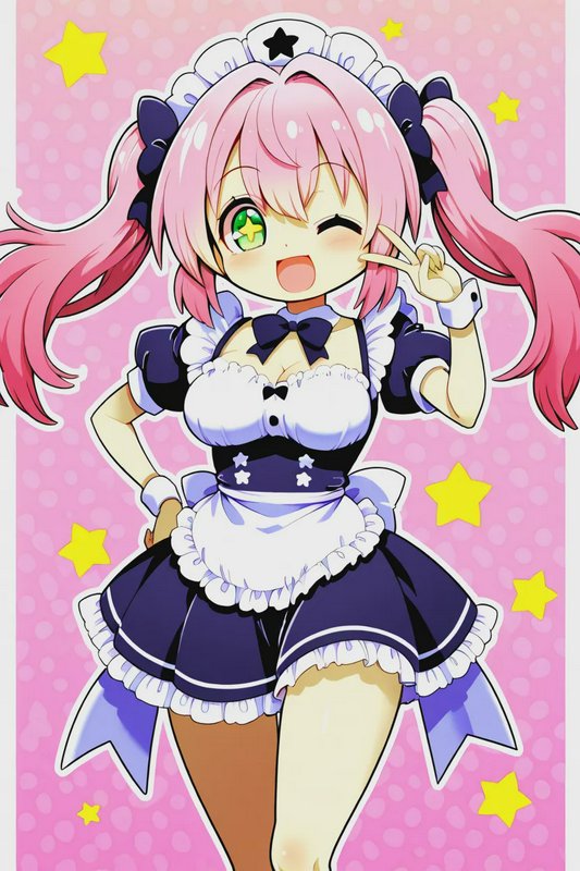 Cute chibi anime maid girl with pink twin tails winks and holds up a peace sign against a pink st...
