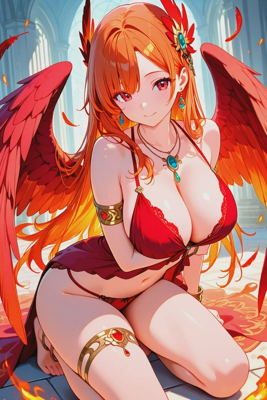 Anime phoenix girl with fiery orange hair, red feathered wings, and gem jewelry kneeling in a sun...