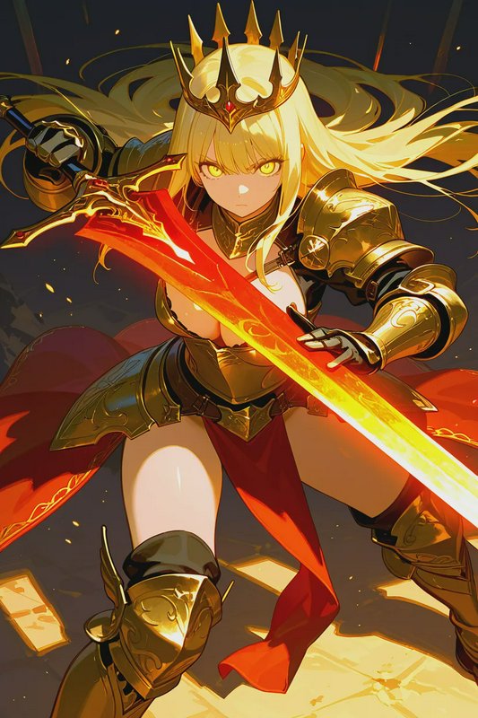 Fierce anime warrior queen in ornate golden armor holds a glowing fiery greatsword, in a battle-r...