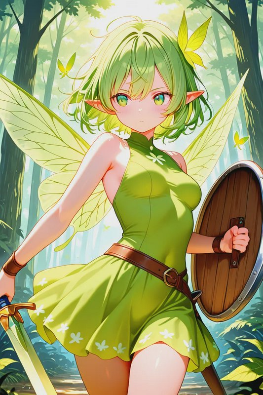 Anime fairy warrior with leaf wings holds a sword and shield in a sun dappled green forest.