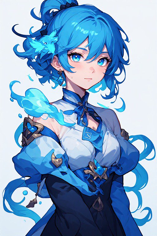 Bust portrait of anime water mage girl with bright blue hair, glowing water magic, and fantasy ou...
