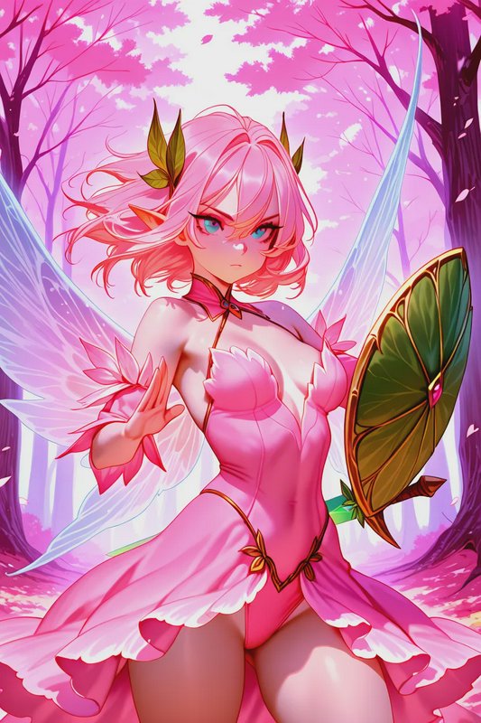 Fierce anime fairy warrior with pink hair, leaf shield, and translucent wings stands in a pink ch...