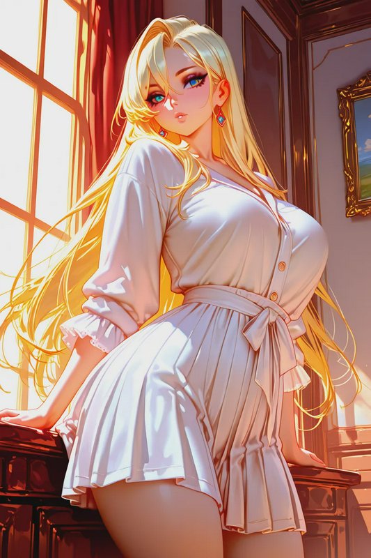 Anime style portrait of a long blonde haired woman in a white robe leaning by a sunlit interior w...