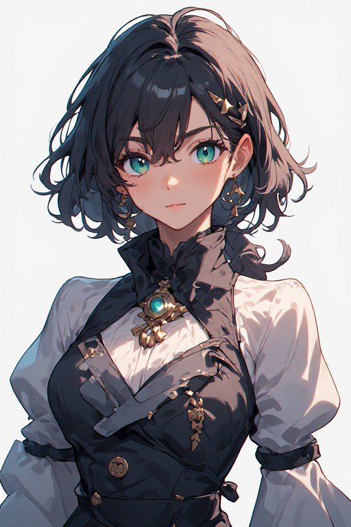 Elegant anime portrait of a young woman with short dark wavy hair, bright teal eyes, and ornate f...