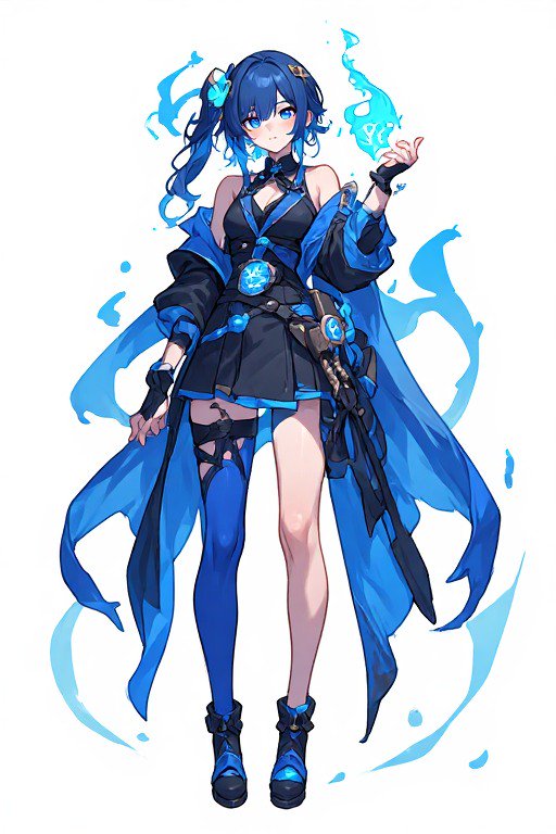 [Full body anime illustration of a blue-haired female water mage conjuring glowing blue magic against a plain white backgr...