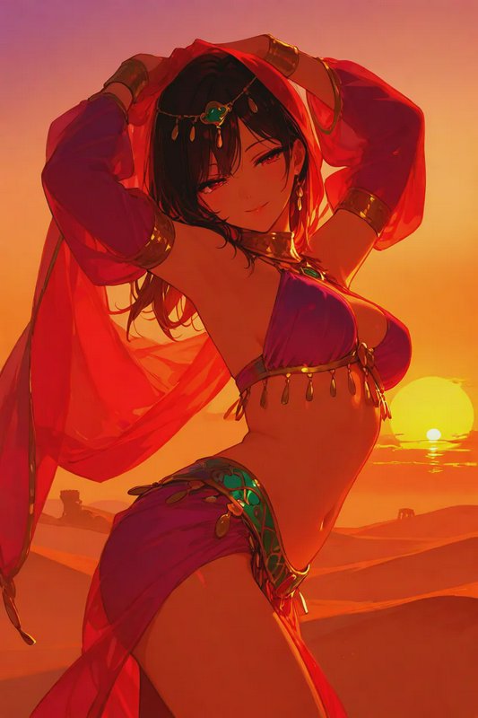 [Anime fantasy belly dancer poses in ornate beaded attire against a glowing warm desert sunset over rolling sand dunes.]