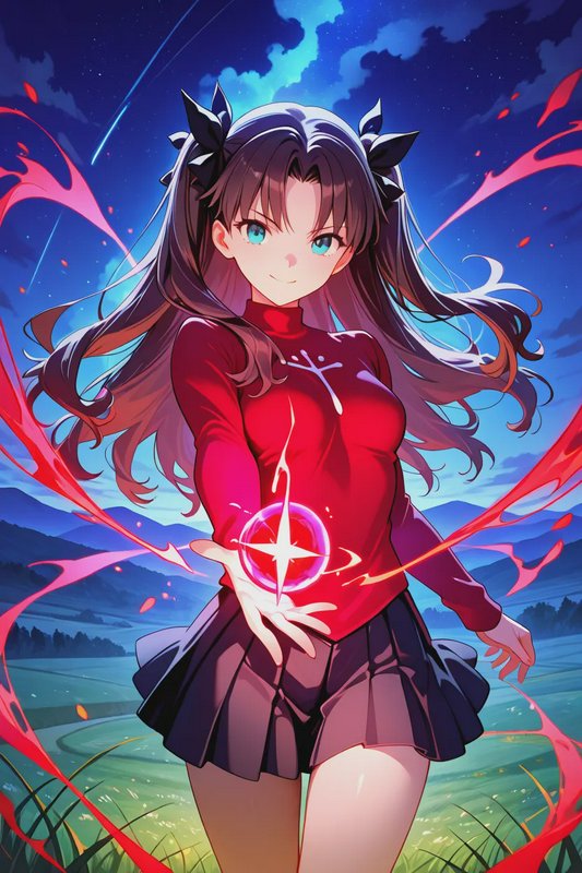 Anime illustration of Rin Tohsaka conjuring glowing red magic, standing in a grassy meadow under ...