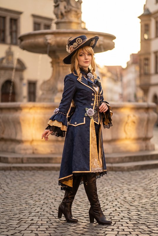 Woman in detailed steampunk aristocrat cosplay poses before a historic stone fountain at golden hour