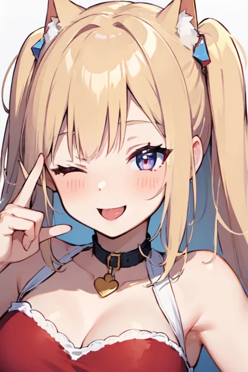 Playful blonde nekomimi anime girl winks while holding up a peace sign in a close-up portrait