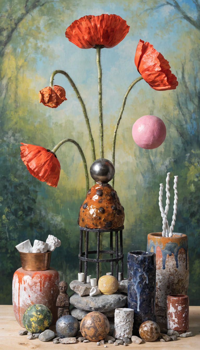 Surreal still life with red poppies on tall stems atop a rustic stone-and-ceramic sculpture arrangement.