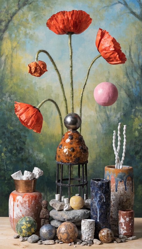 Surreal still life with red poppies on tall stems atop a rustic stone-and-ceramic sculpture arran...