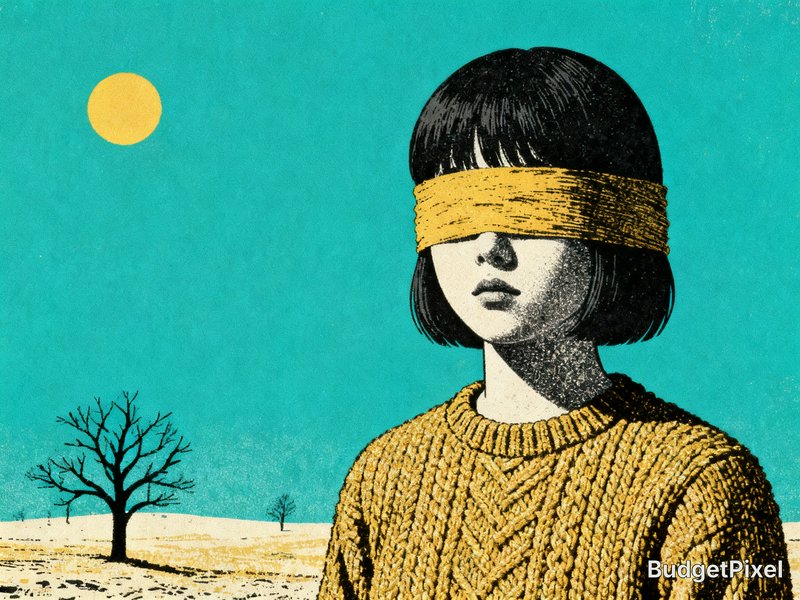 Person with a yellow blindfold in a chunky knit sweater against a turquoise desert scene with a sun.