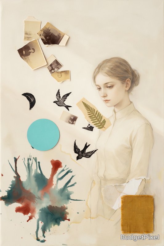 Soft pastel collage featuring a young woman in a cream dress with birds, leaves, and paint splashes.