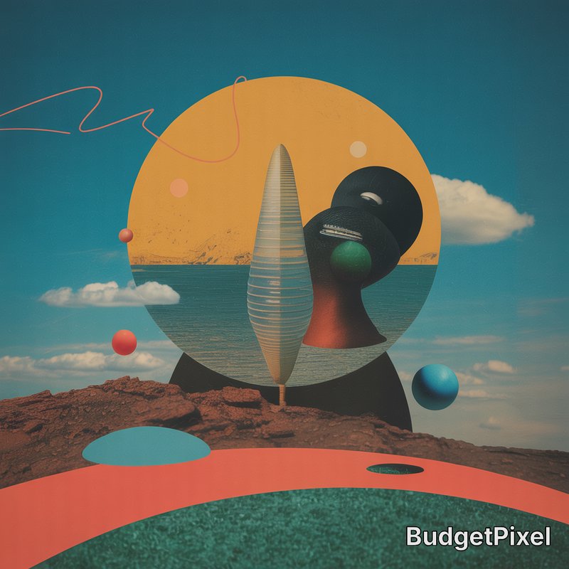 Surreal collage with a large yellow circle, abstract shapes, and a cone-like centerpiece over a r...