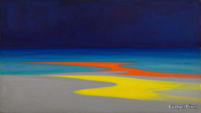 Abstract coastal landscape with dark blue sky, turquoise water, orange winding path, and yellow shoreline shapes.