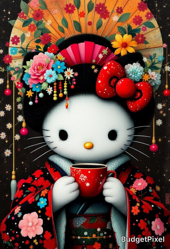Hello Kitty styled as a traditional Japanese geisha, holding a red floral teacup with ornate hair...