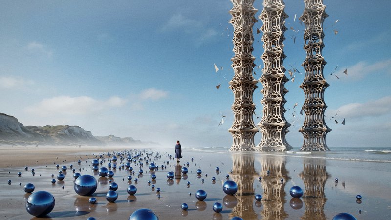 [Surreal beach scene with ornate lattice towers, scattered glossy blue spheres, and a lone figure on wet reflective coasta...