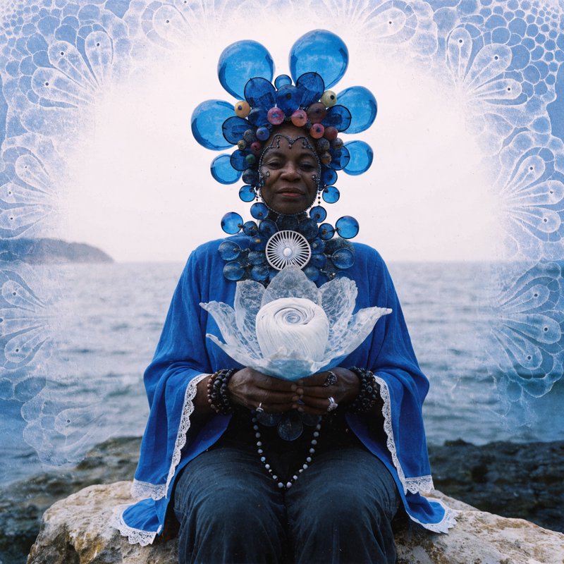 Serene elder Black spiritual figure in an ornate blue glass headdress sits seaside holding a tran...