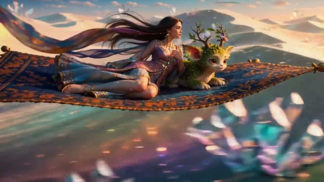 Woman in a flowing dress riding a magical cat-antler creature on a flying carpet.