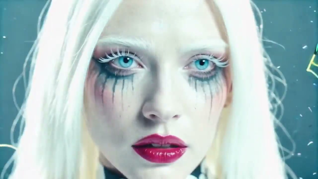 Close-up portrait of platinum blonde model with dramatic gothic tear makeup, bright blue eyes, an...
