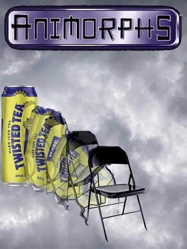 Surreal collage of a folding chair chained to multiple Twisted Tea cans against a cloudy sky with...
