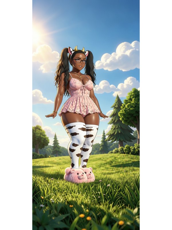 Stylized woman in pink lace dress and cow-print thigh-high stockings stands in a sunny grassy park.