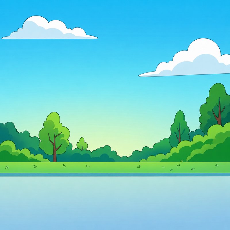 Cartoon sunny landscape with calm lake, grassy treeline shore, and fluffy clouds against a bright...