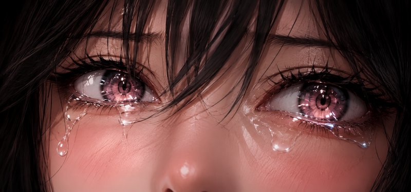 Close-up illustration of a crying anime girl with glossy pink eyes, clear tears streaming down bl...