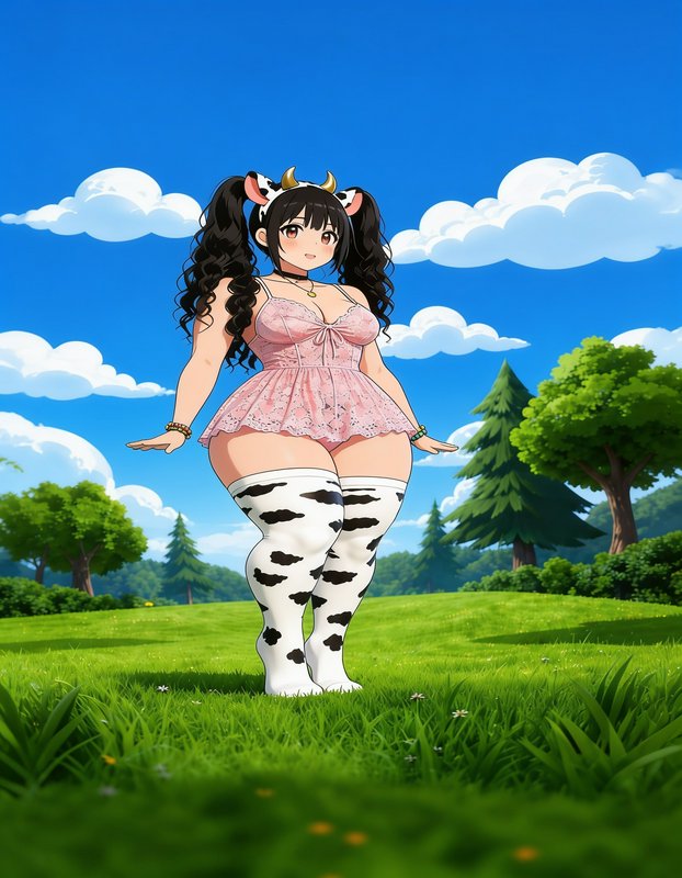 Cute anime cow girl with curly twin tails standing in a sunlit green meadow under a bright cloudy...