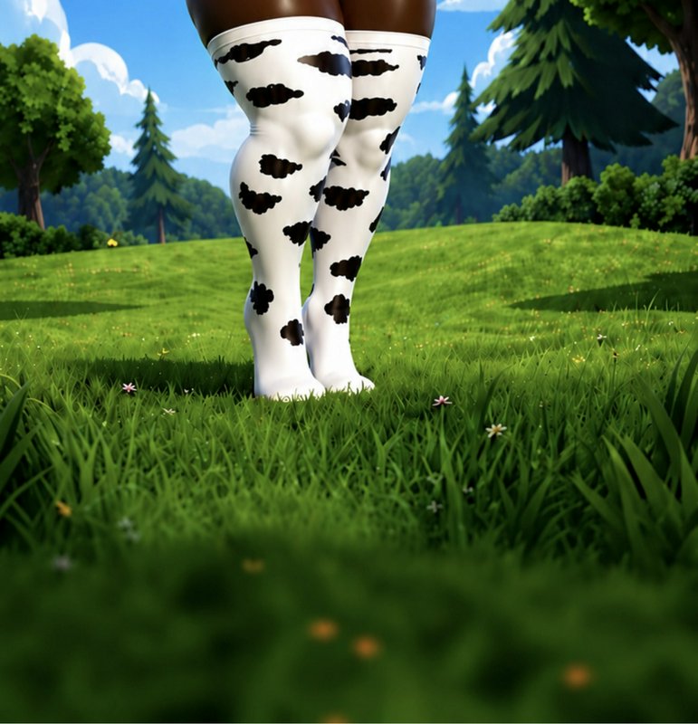 Close-up of animated character legs in cow-print thigh-high socks standing in a bright sunlit grassy meadow